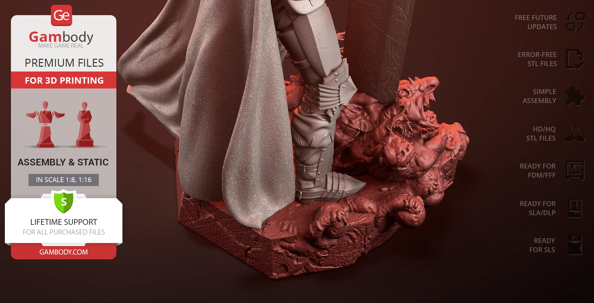 A detailed 3D model of armored legs and a cloak standing on a textured rocky base with sculpted faces.