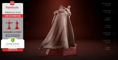 A 3D model of a cloaked warrior with a large sword, view from the back, on a textured base.