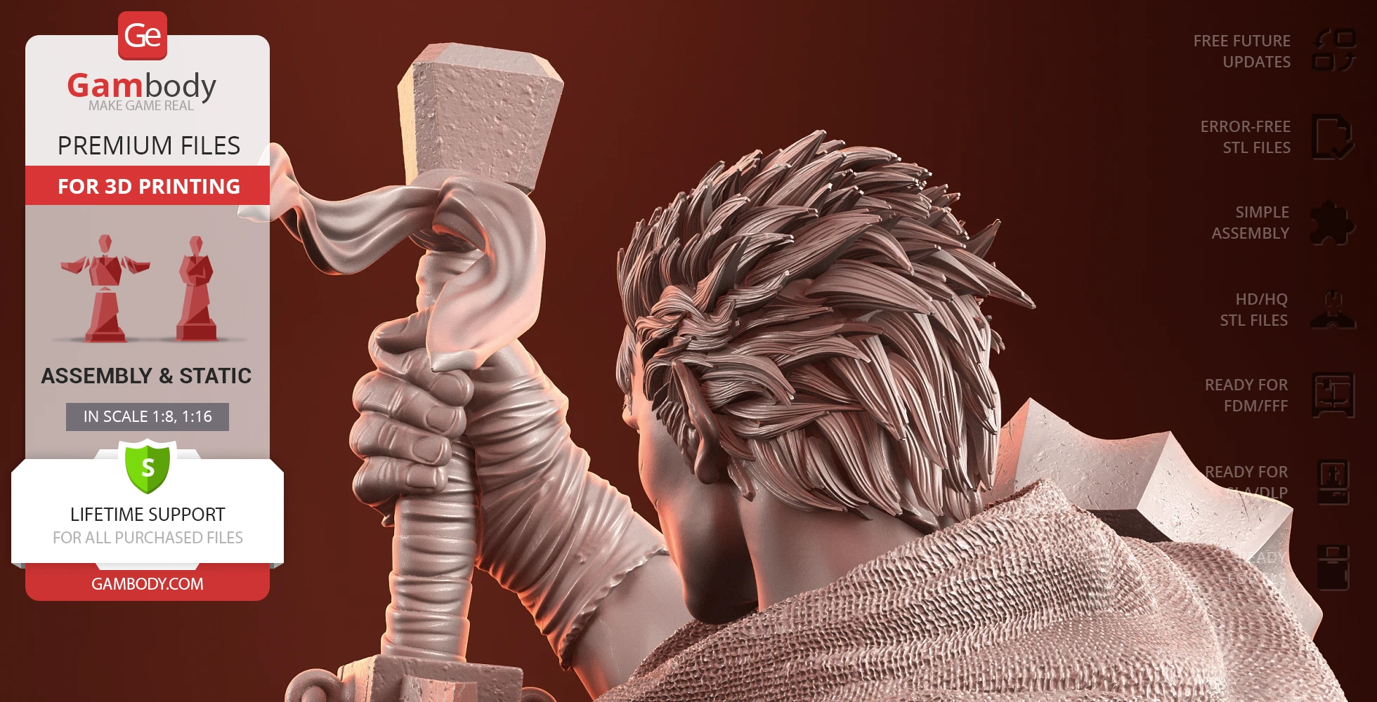 A 3D model of a character with spiky hair, gripping a large sword, detailed for printing.