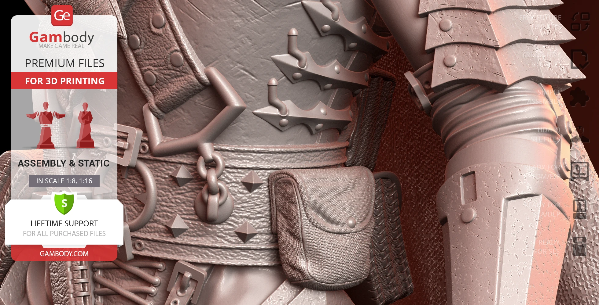 Close-up of detailed medieval armor with straps, studs, and pouch for a 3D model print.