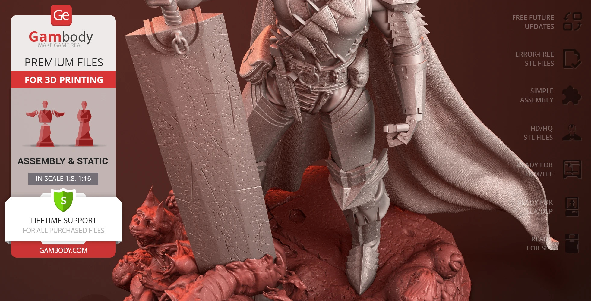 Detailed 3D model of an armored warrior with a large sword and cape, standing on a textured base.