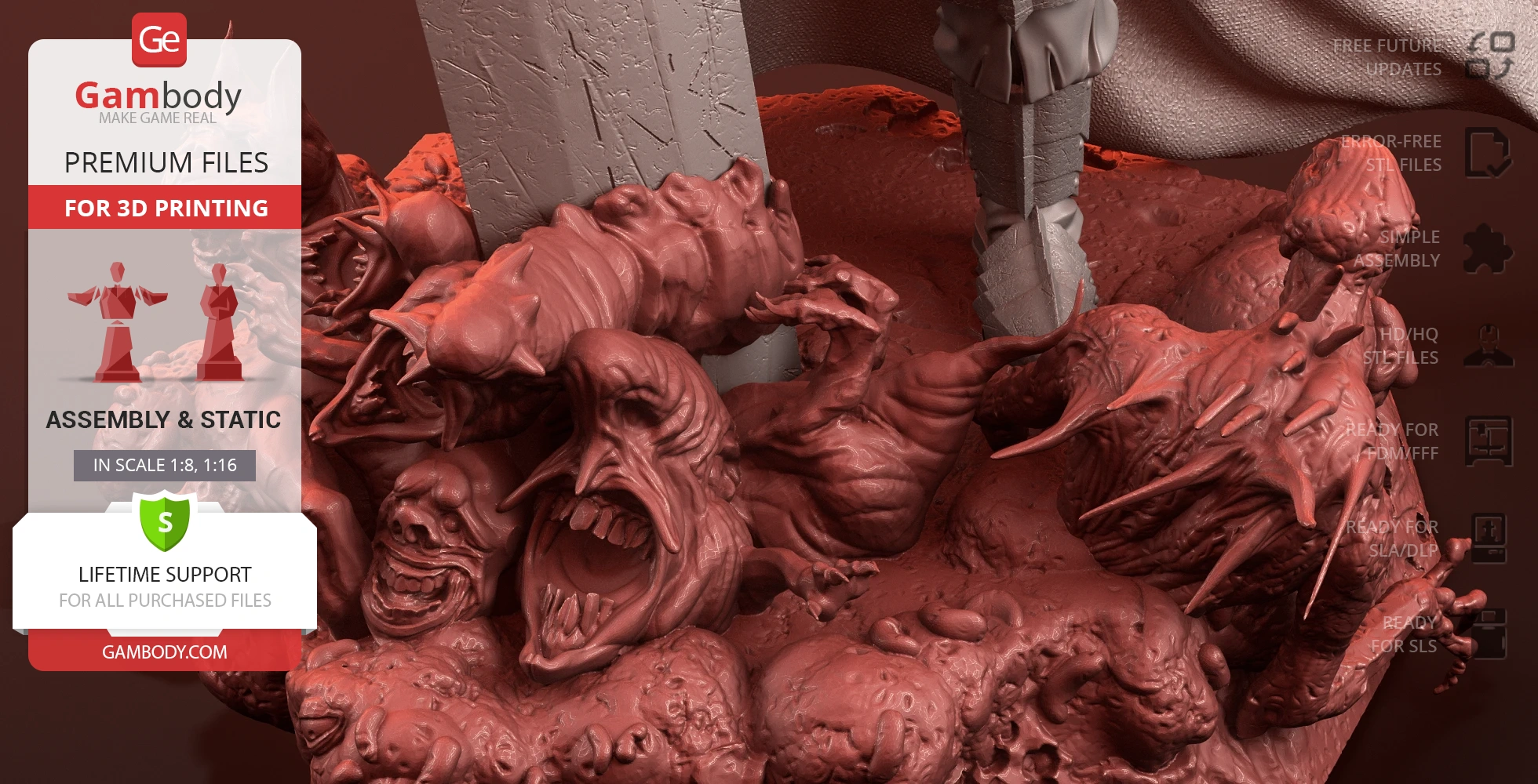 A detailed 3D model base with distorted, monstrous faces and textures for a statue, ready for printing.