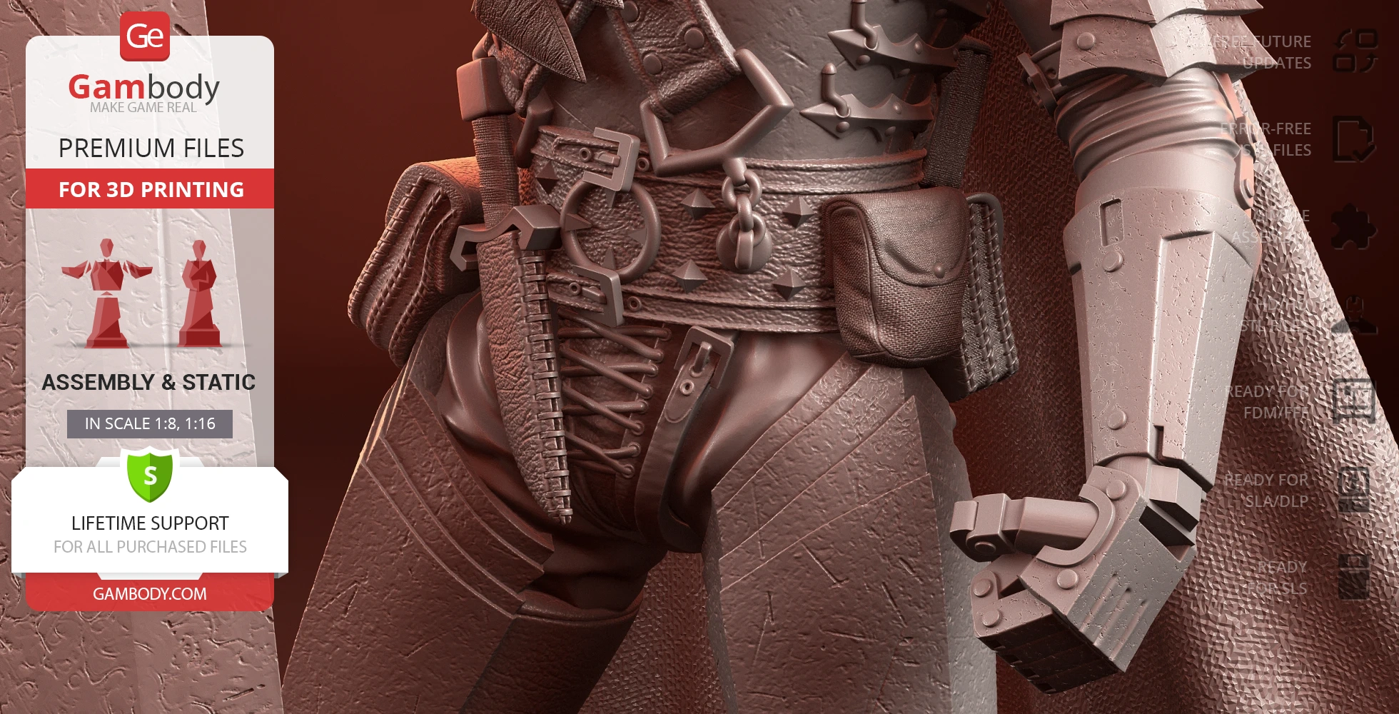Close-up of a detailed armored figure with belts and mechanical arm, designed for 3D printing.