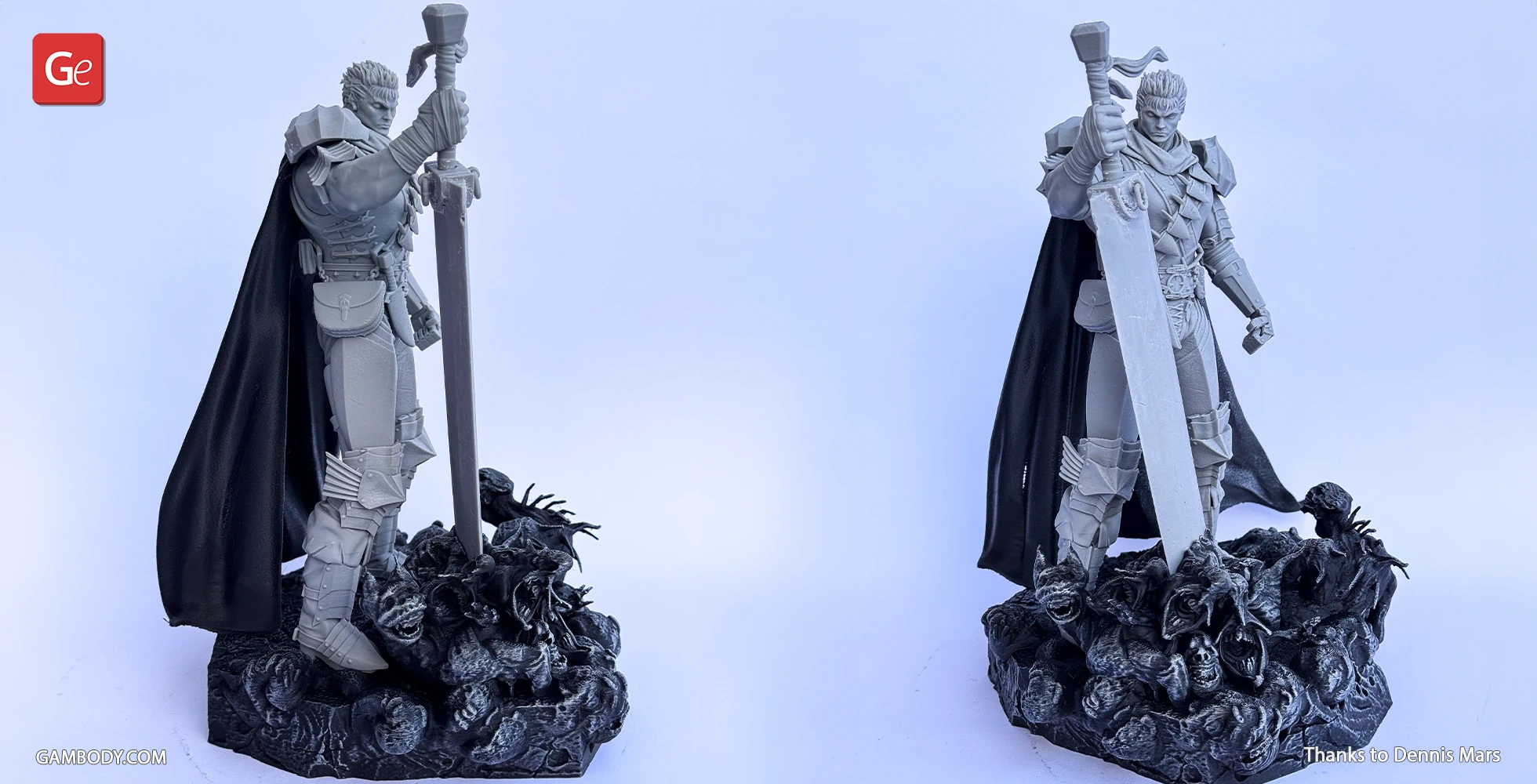 A detailed 3D model of a warrior with armor and a large sword, standing on a base of demonic faces.