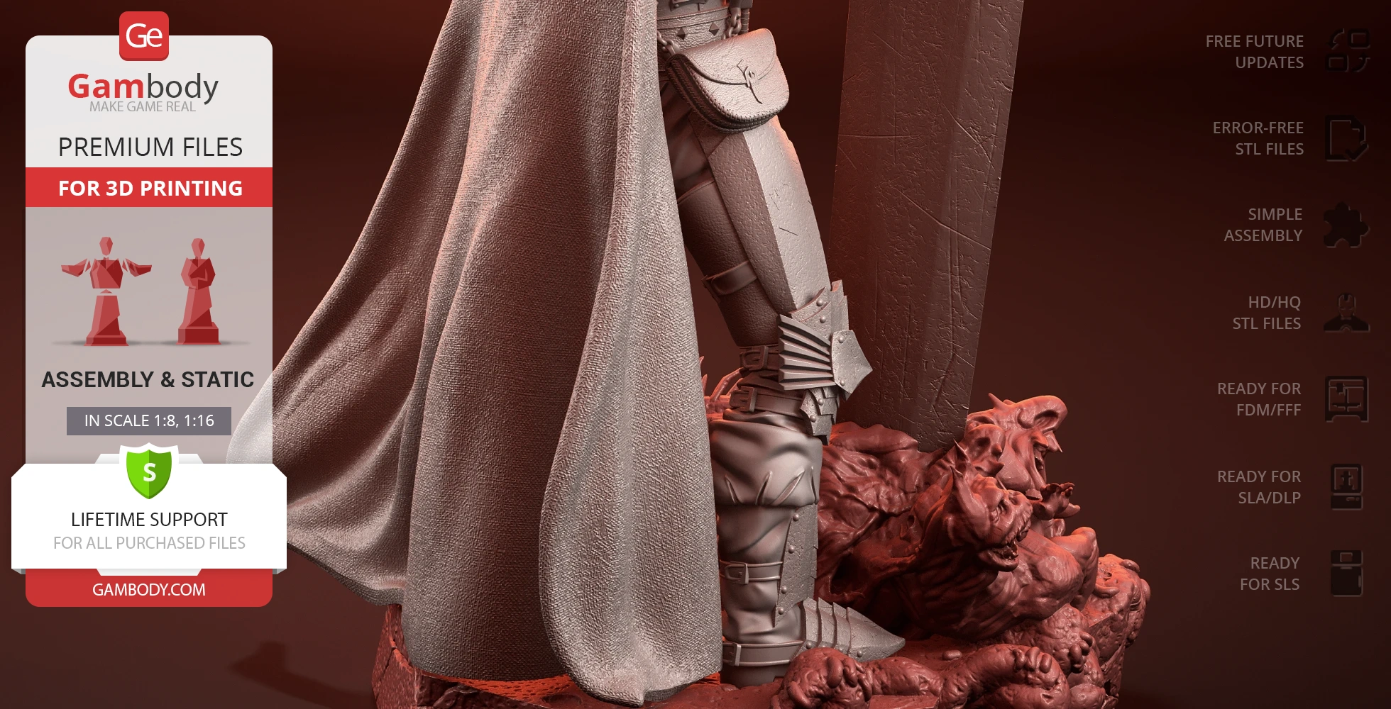 A detailed 3D model of a warrior in armor with a cape, standing on a base with intricate textures.