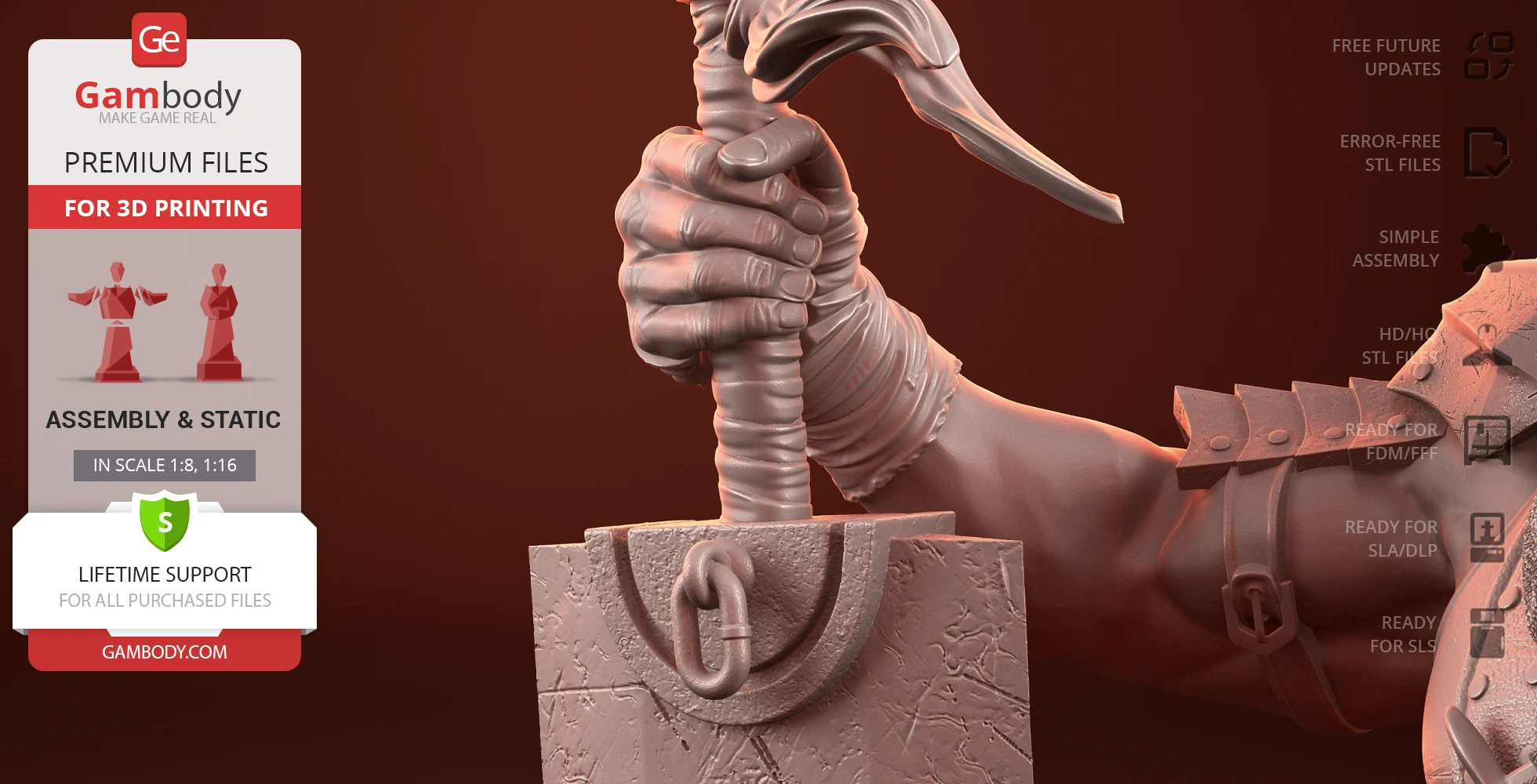 A detailed 3D model of a hand gripping a sword hilt, ideal for 3D printing, shown with armor elements.