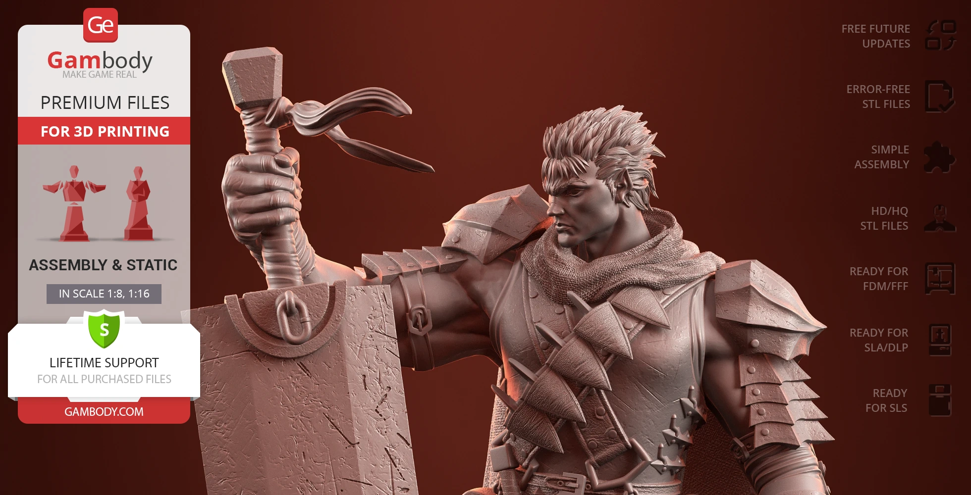 A detailed 3D model of a warrior holding a massive sword, designed for 3D printing.