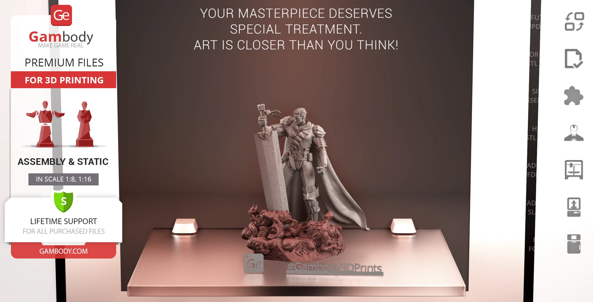 A detailed 3D model of a warrior with a large sword, standing on demon-like creatures.