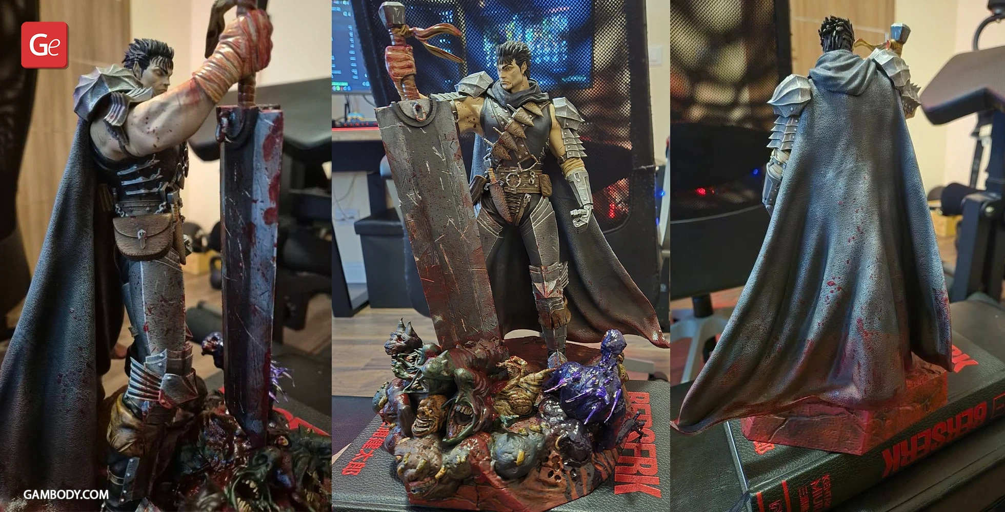 A detailed 3D model of an armored warrior with a large sword, standing on a base with monstrous faces.