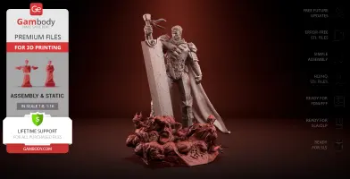 Warrior holding a massive sword stands atop a pile of defeated monstrous creatures.