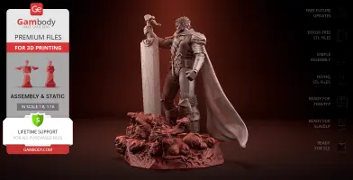 A warrior in armor with a large sword, standing on a base with detailed, contorted figures.