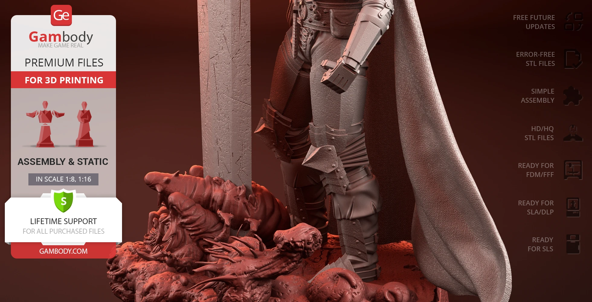 A detailed close-up of a 3D-printed warrior's legs and defeated monster heads beneath.