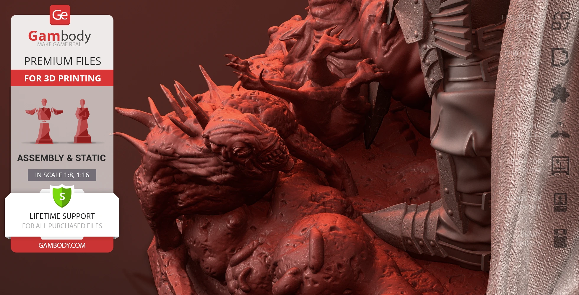 A detailed 3D model of a warrior in armor standing on grotesque creatures, highlighting textures for 3D printing.