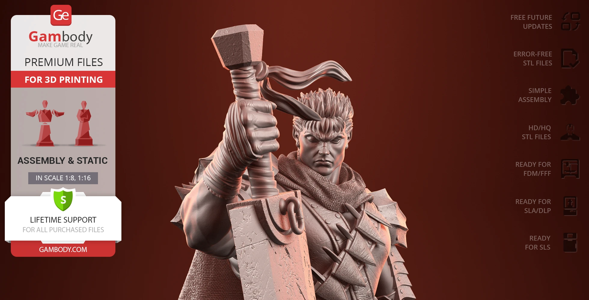 Warrior holding a large sword, wearing armor and a cloak, ready for 3D printing by Gambody.