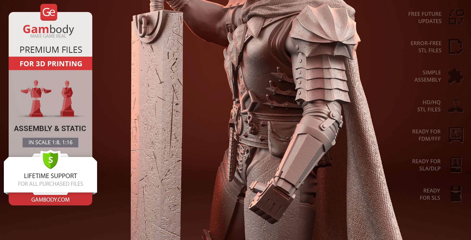 Armored warrior holding a large, textured sword. 3D printing model available on Gambody.