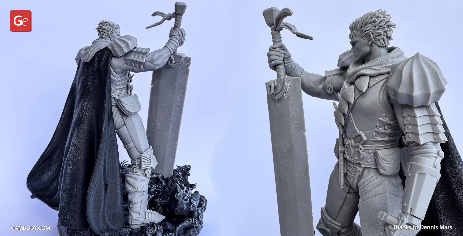 A detailed 3D model of a warrior in armor holding a large sword, with a cape flowing behind.