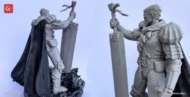 A detailed 3D model of a warrior in armor holding a large sword, with a cape flowing behind.