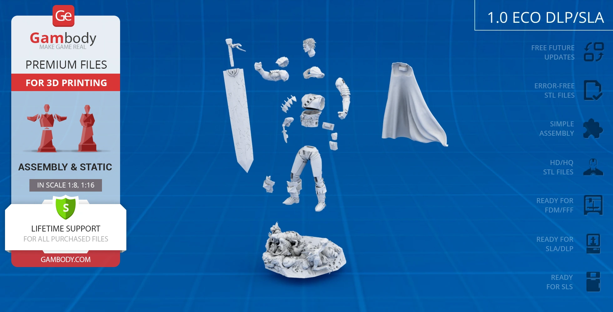 3D printable model parts of a warrior with a large sword and cape on a detailed base.