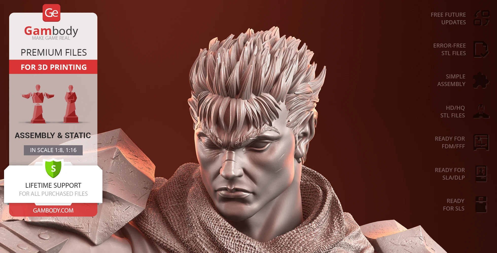 A detailed 3D model of a muscular figure with spiky hair and an intense expression, wearing armor and a textured cloak.