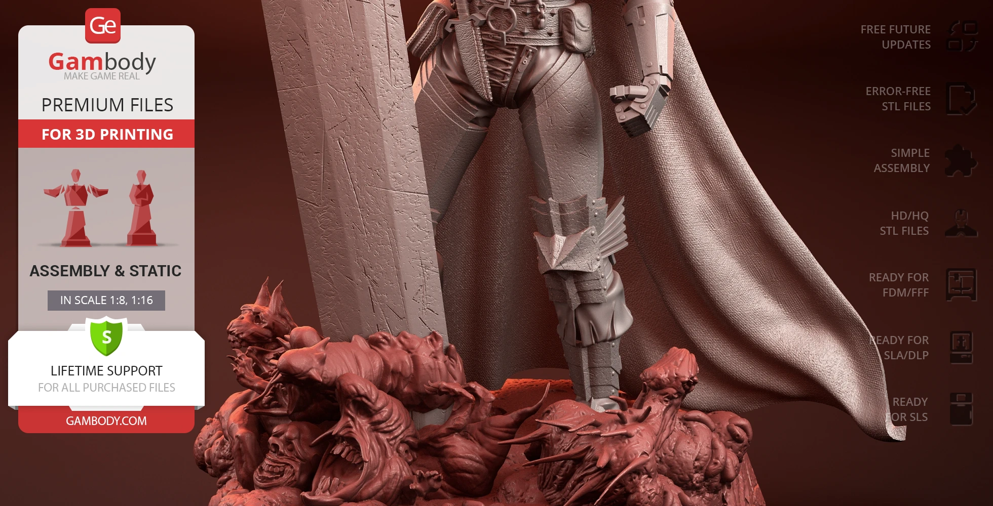 A detailed 3D model of a warrior figure standing on a base of tangled, monstrous creatures.