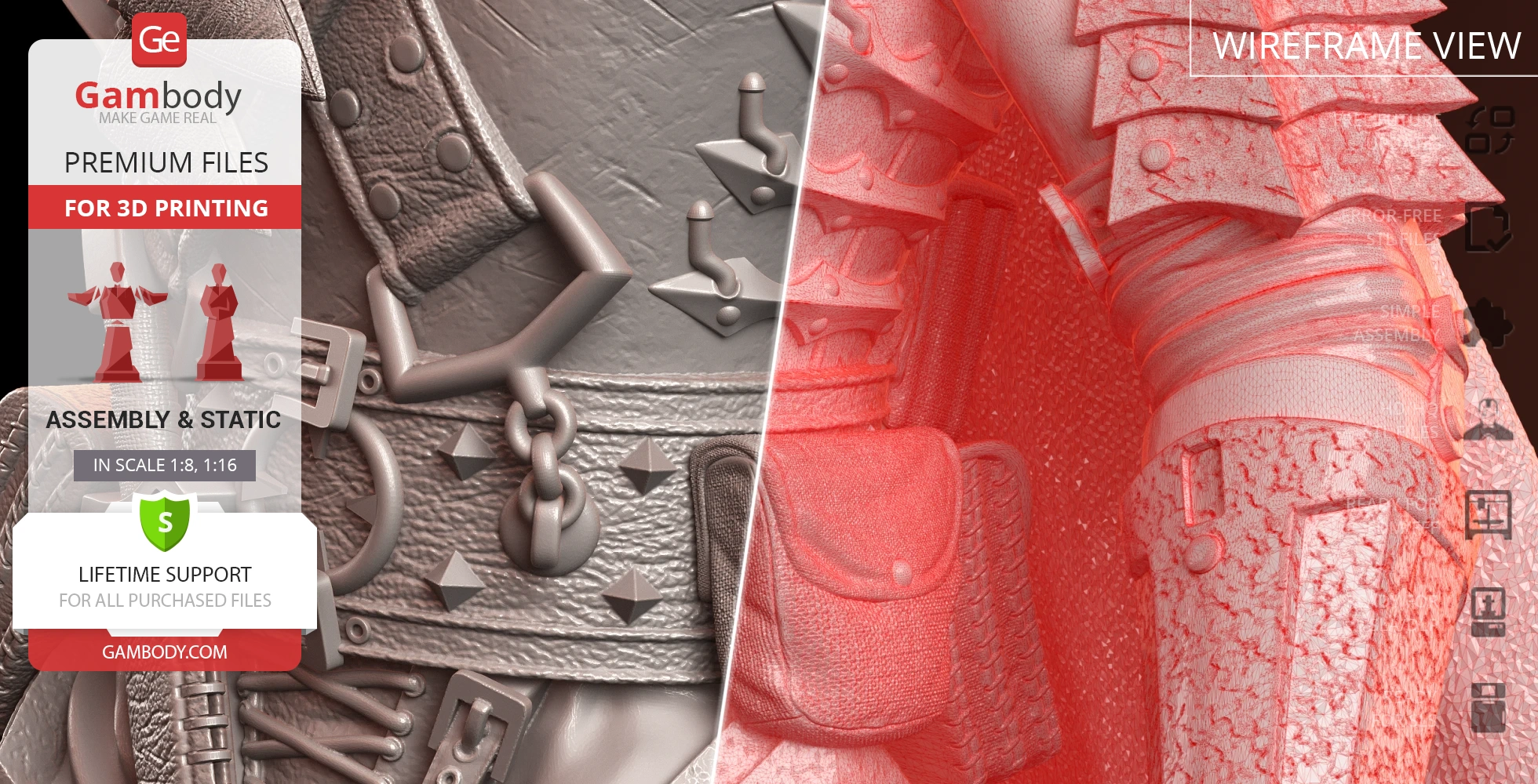Detailed close-up of a 3D-printable model featuring armor and straps, with a wireframe view on the right.
