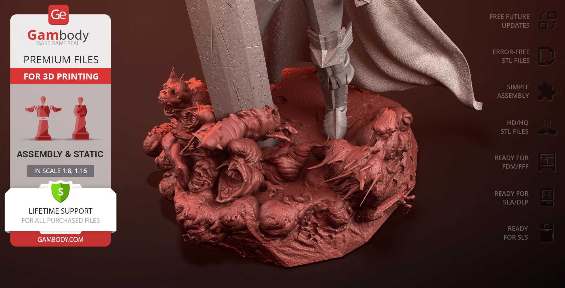 Guts' lower body and large sword surrounded by detailed demonic faces and creatures for 3D printing.