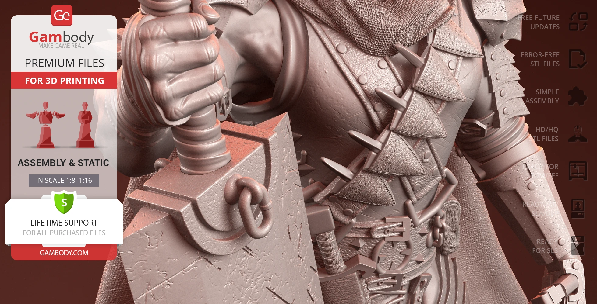 A detailed 3D model of a warrior in armor, holding a large sword, with spikes and textured details.
