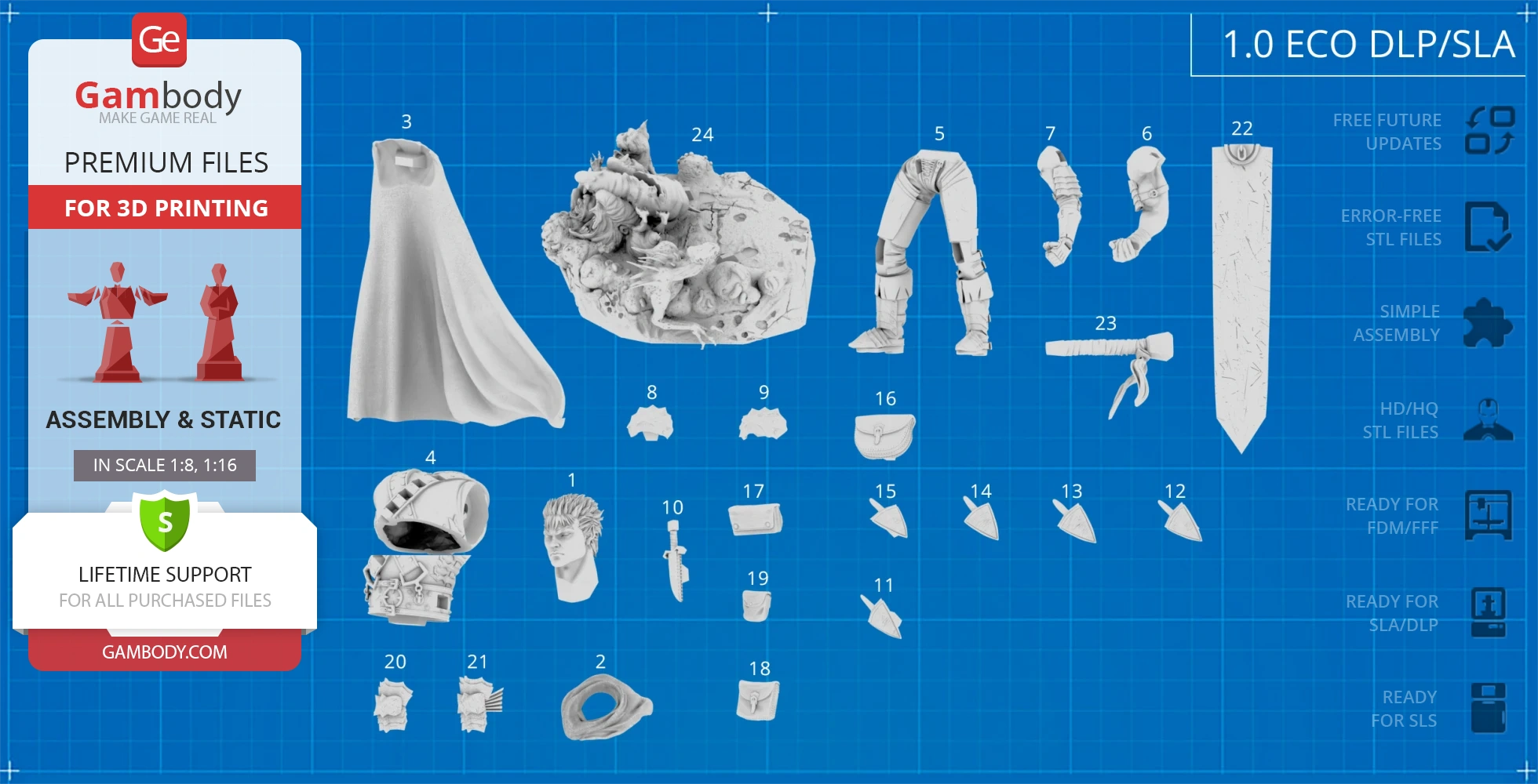 3D model parts of Black Swordsman Guts for assembly, with a base, torso, limbs, sword, and accessories.