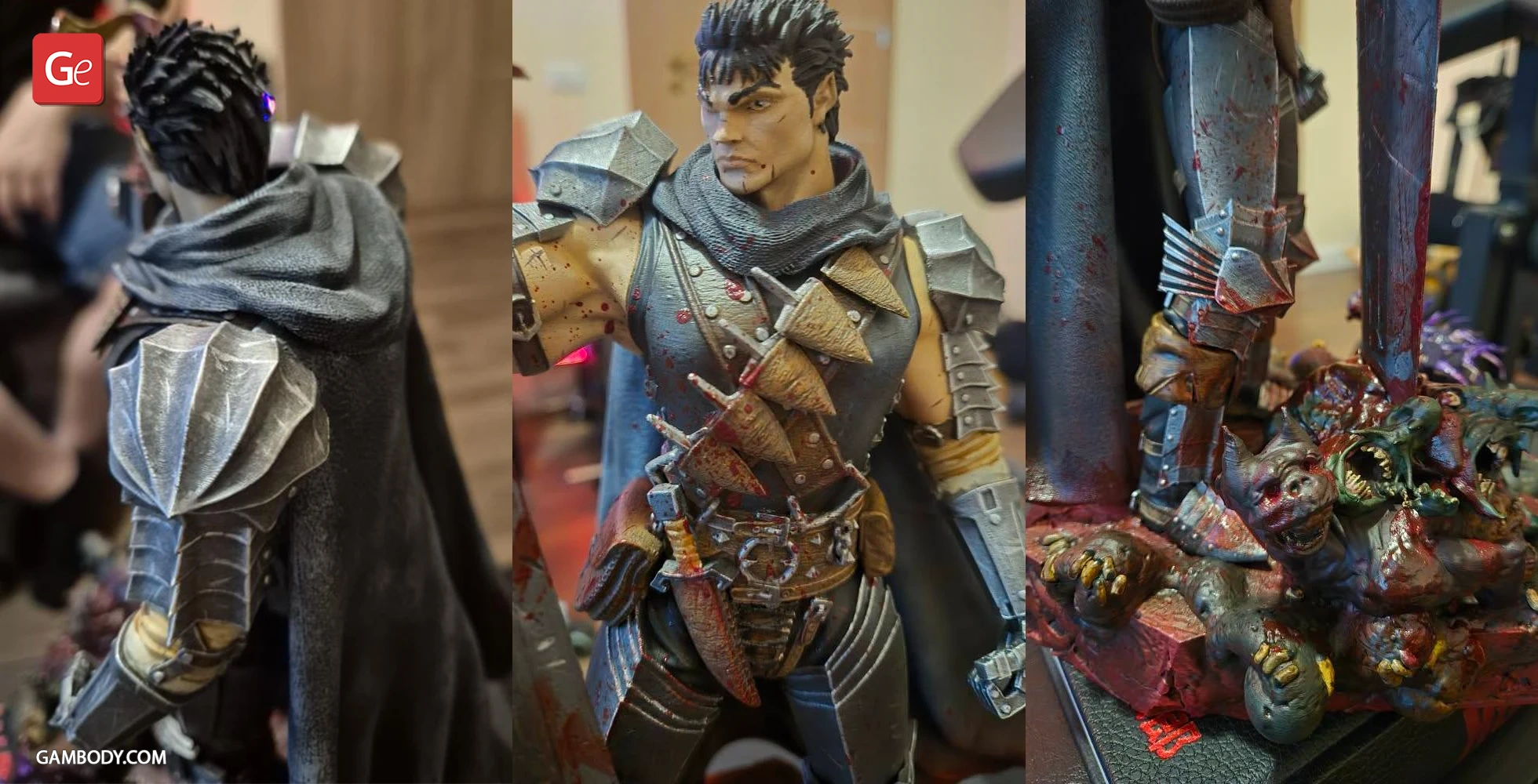 Armored warrior with a dark cape, detailed armor, and monster figures at the base.