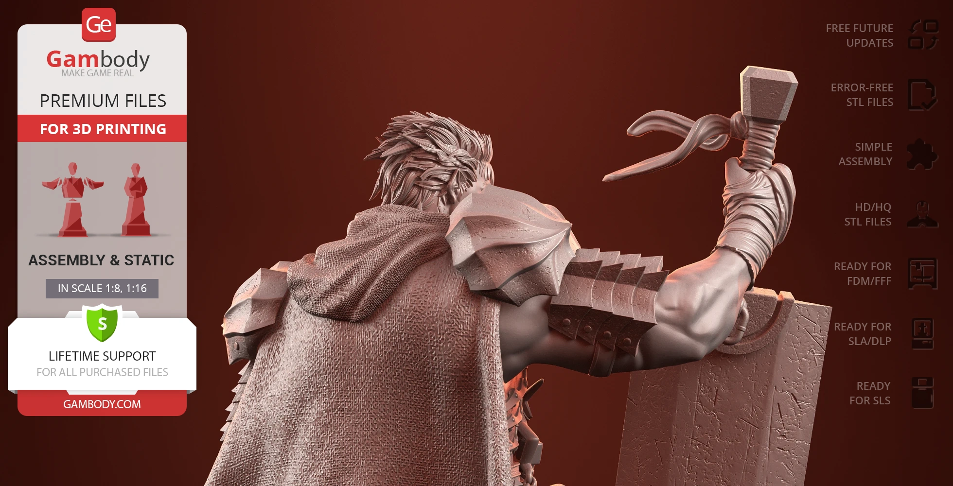 3D model of a warrior with spiky hair holding a large sword, wearing armor and a textured cloak.