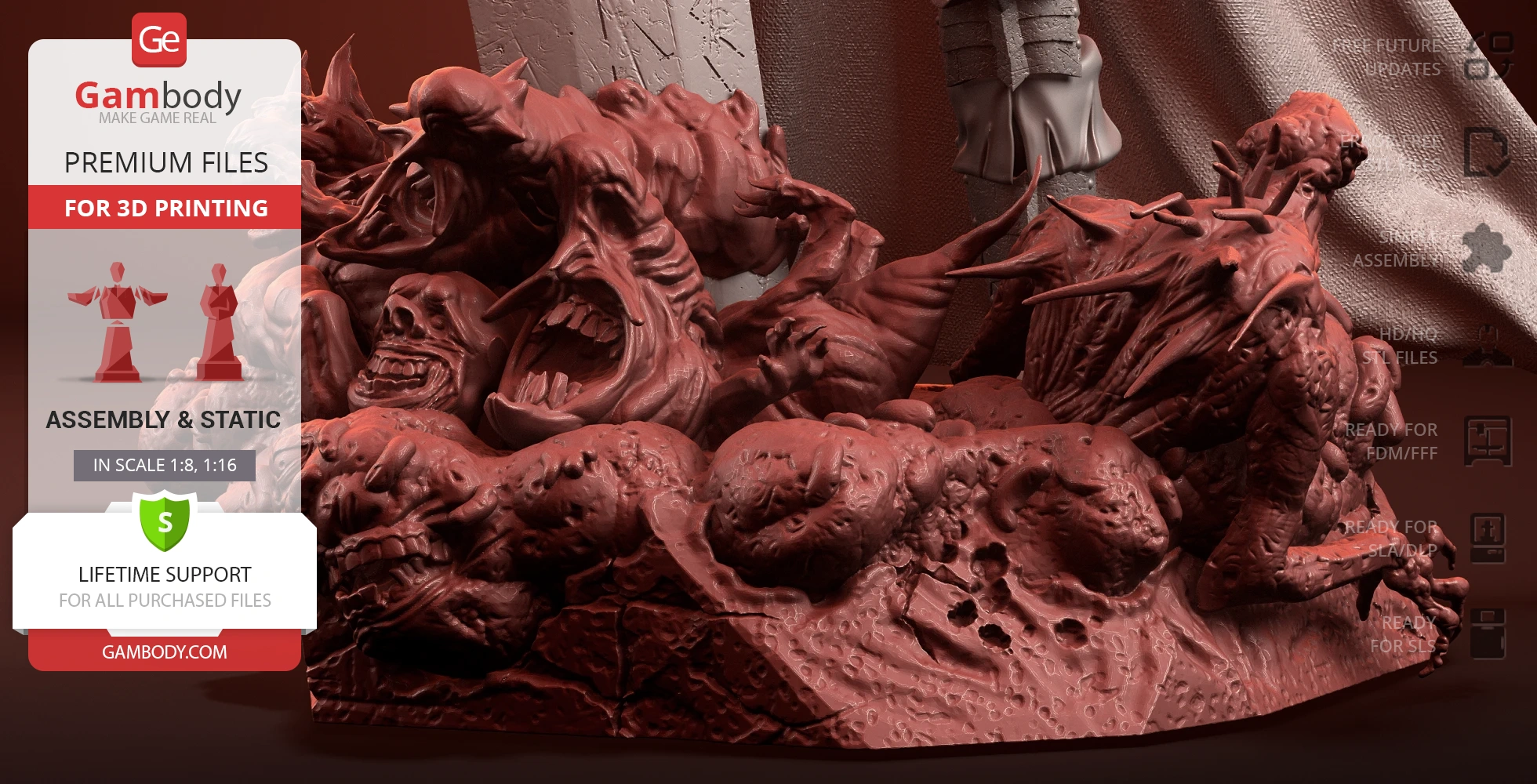 Detailed 3D model of monstrous figures intertwined at the base of a character sculpture.