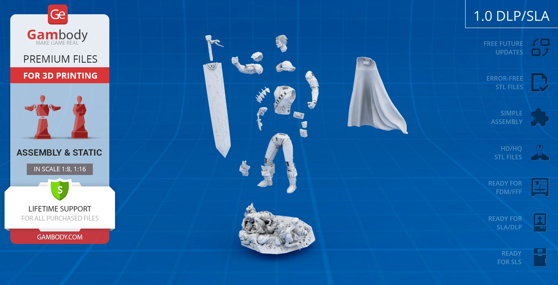 Disassembled 3D model parts of a swordsman, featuring armor, sword, and base, set against a blue grid background.