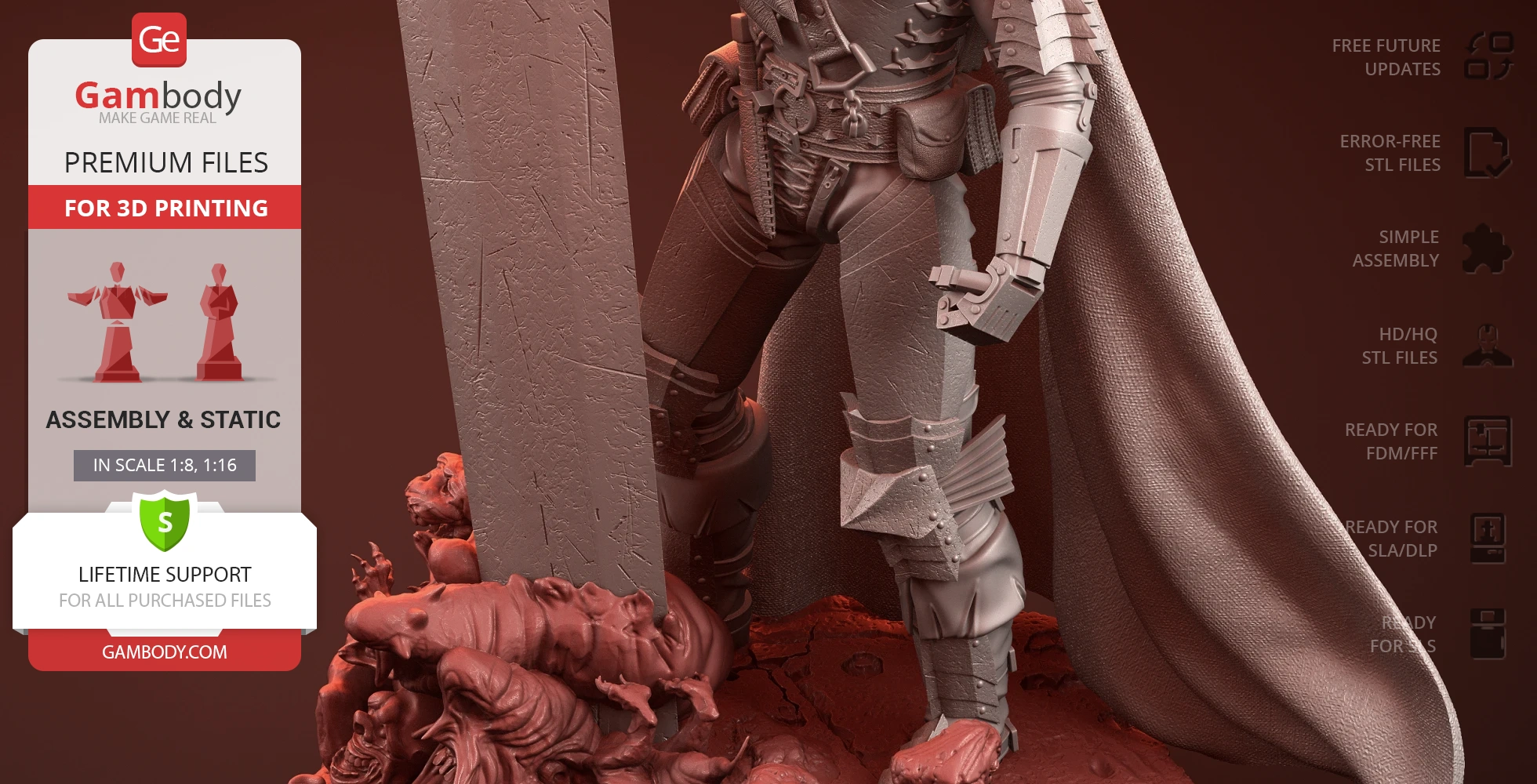 A detailed 3D model of a swordsman in armor with a large sword, standing on a base with fallen figures.