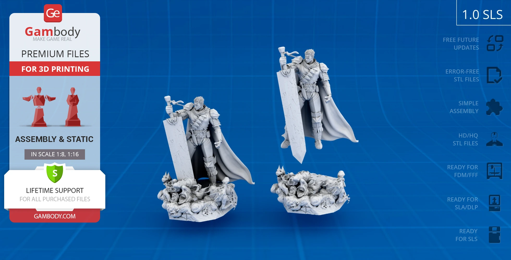 A detailed 3D model of a warrior with a large sword on a base with sculpted figures, ready for 3D printing.