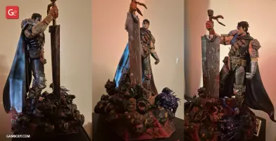 A 3D model of a warrior with a large sword, standing on a base of monsters, detailed and dramatic.