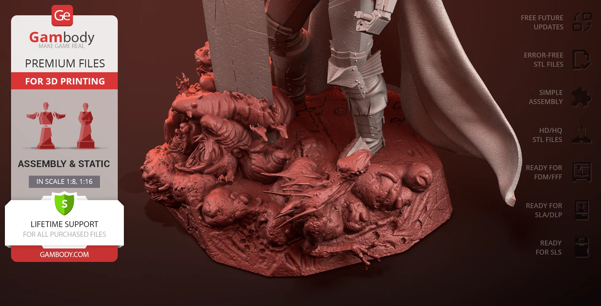 A detailed 3D print model base featuring Guts' armored feet and monstrous creatures below.