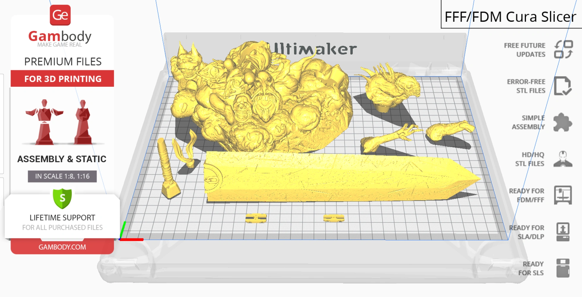 Collection of yellow 3D printing files for a model with a sword, armor, and various parts on a grid.