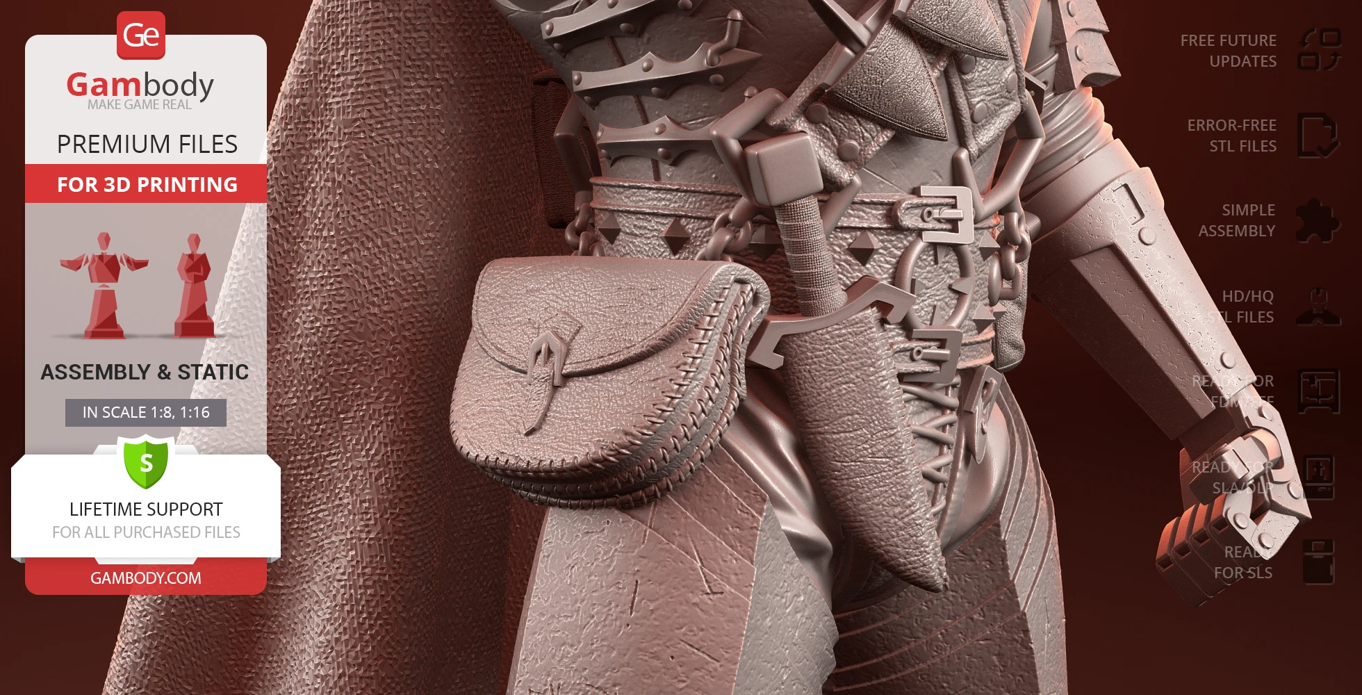 Detailed 3D model of a warrior with armor and a cloak, showcasing intricate textures and accessories.