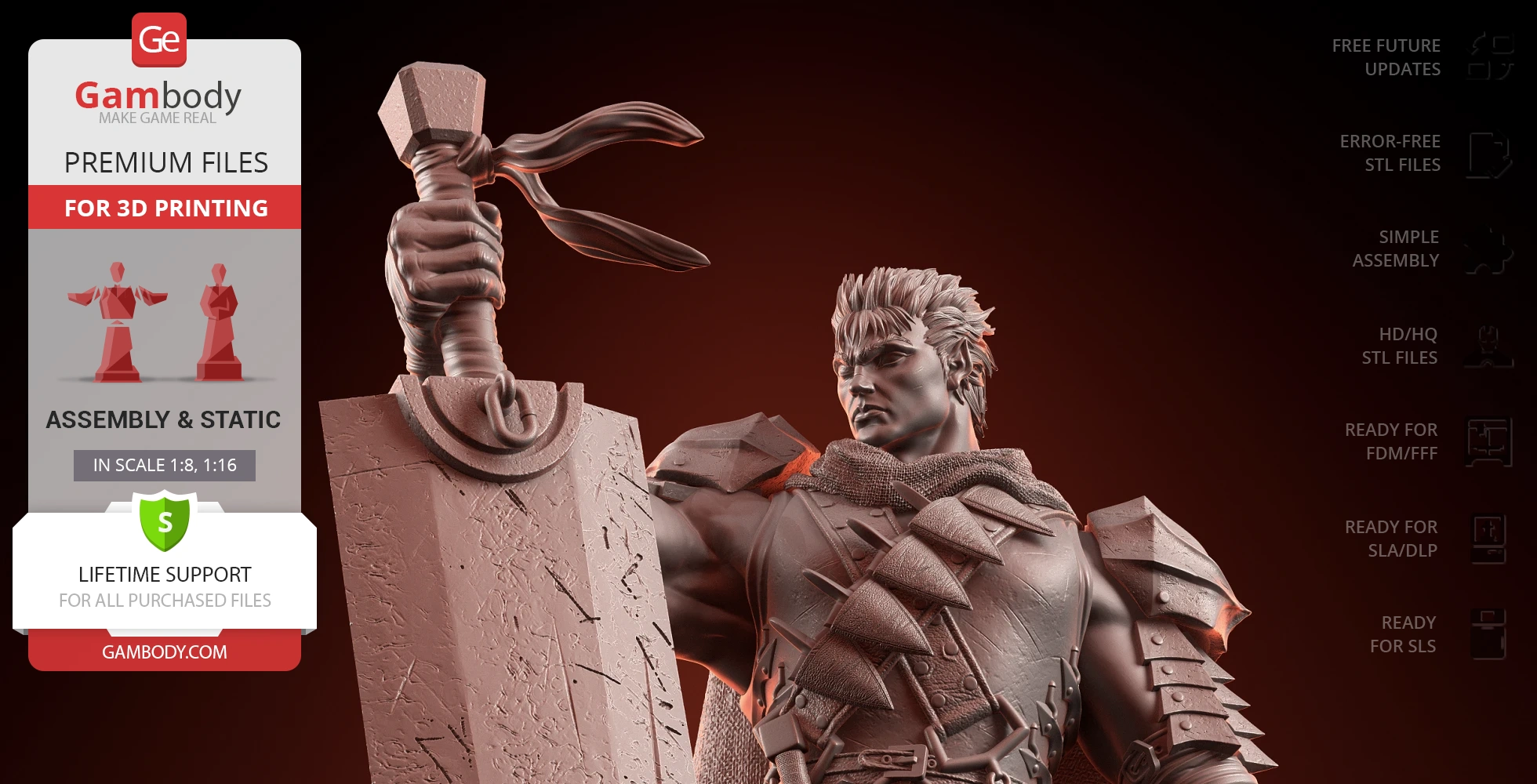A detailed 3D model of a muscular warrior holding a massive sword, wearing rugged armor and a tattered cloak.