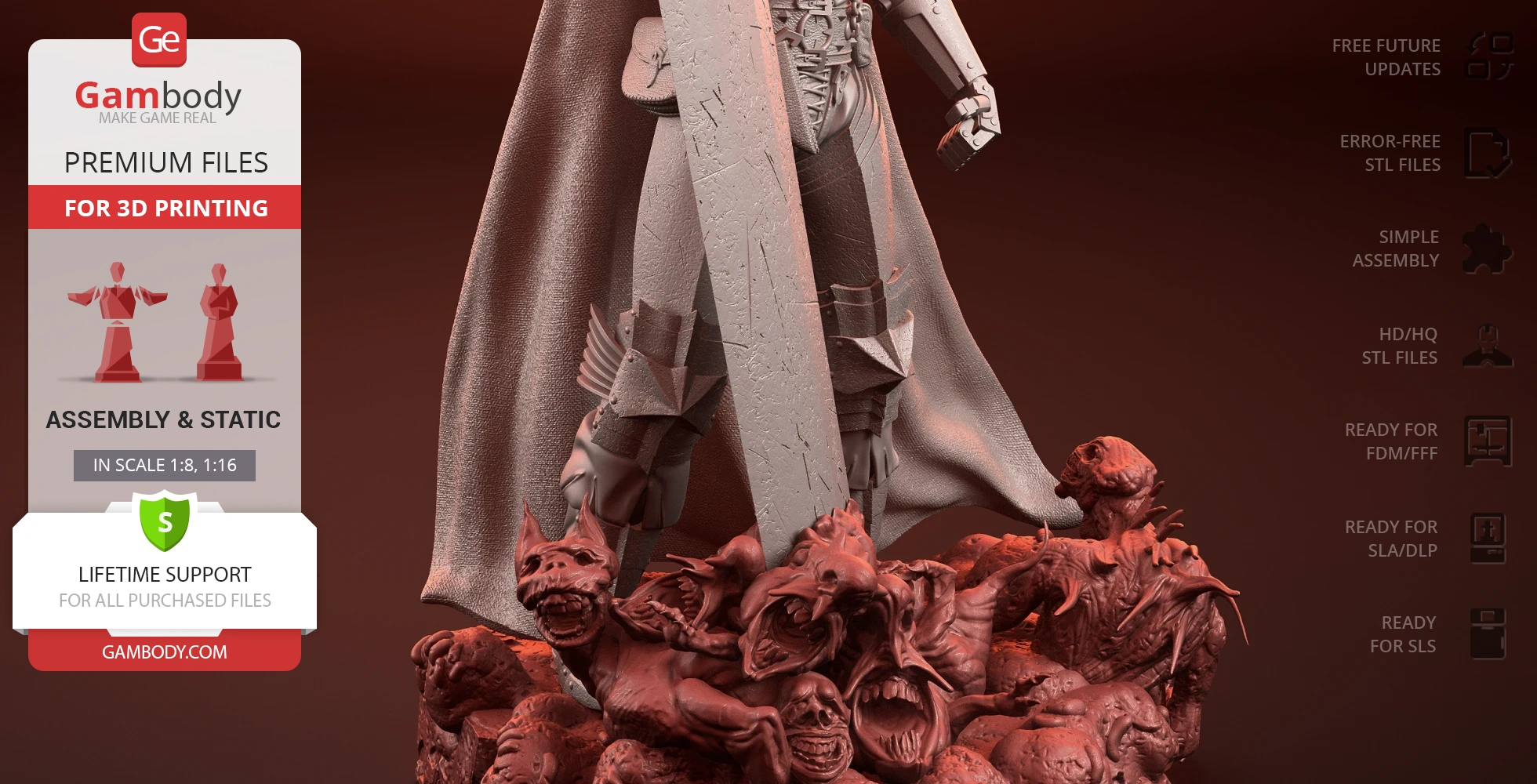 A detailed 3D model of a warrior figure with a large sword, standing on snarling creature heads.