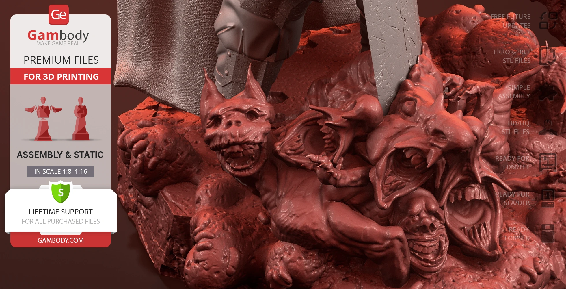 Detailed 3D sculpture of monstrous faces and a textured cloak, part of a fantasy-themed 3D print model.