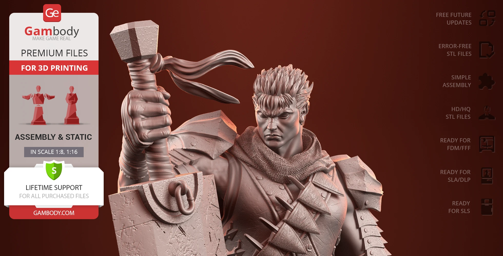 A detailed 3D model of an armored warrior holding a massive sword, ready for 3D printing.
