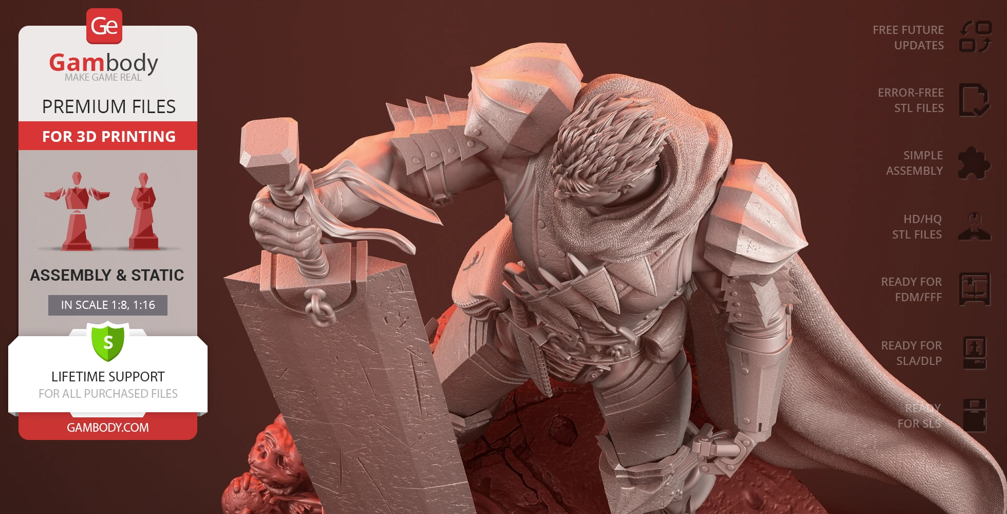 Armored warrior with large sword on rocky base, ready for 3D printing.