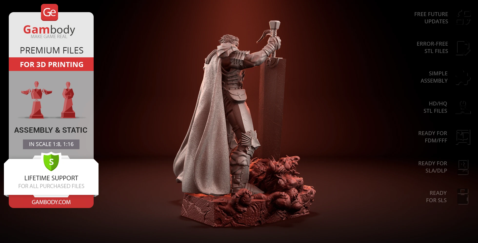 A detailed 3D model of a warrior with a large sword and cloak, standing on a base with defeated creatures.