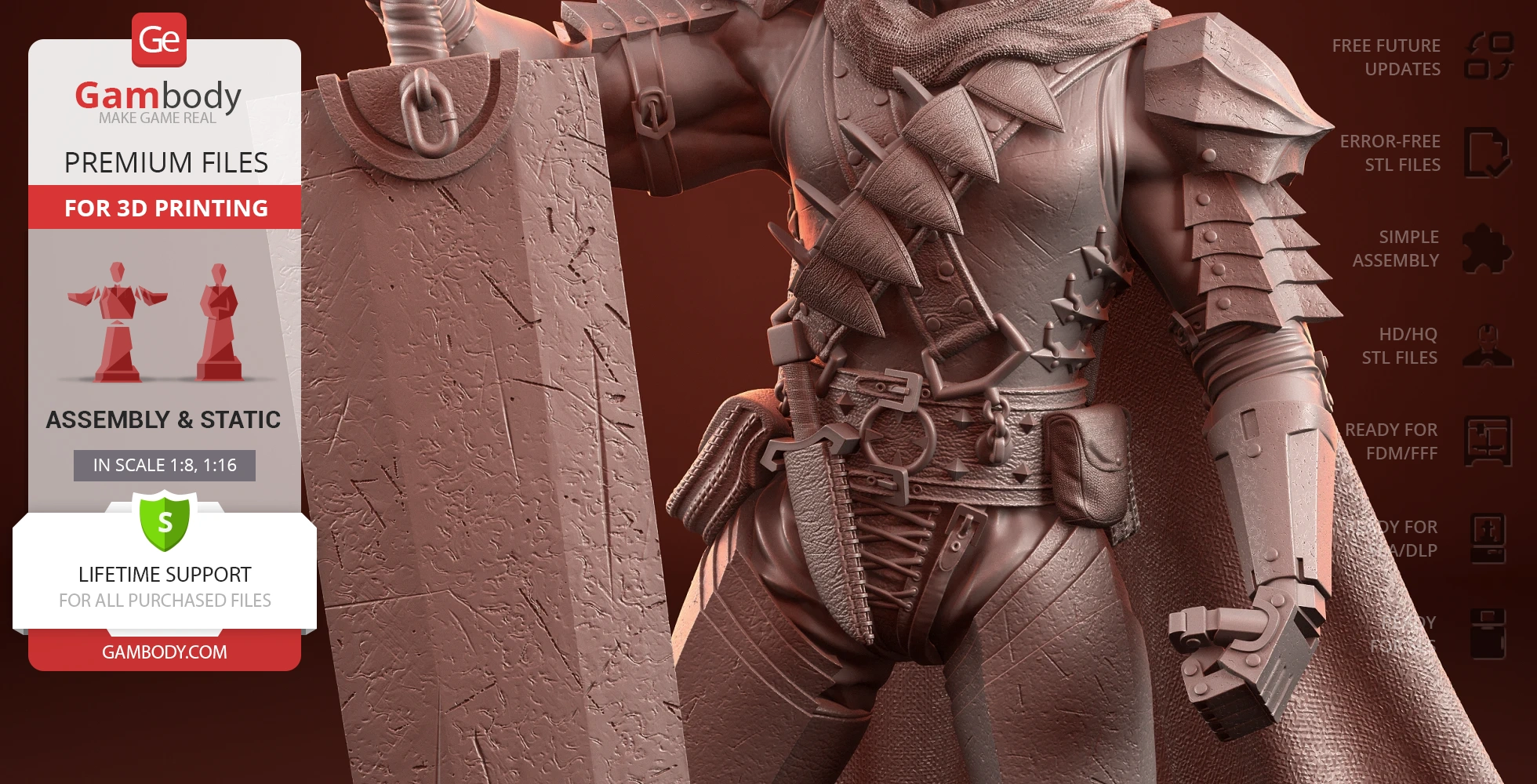 Armored warrior figure holding a large, detailed sword; ready for 3D printing.