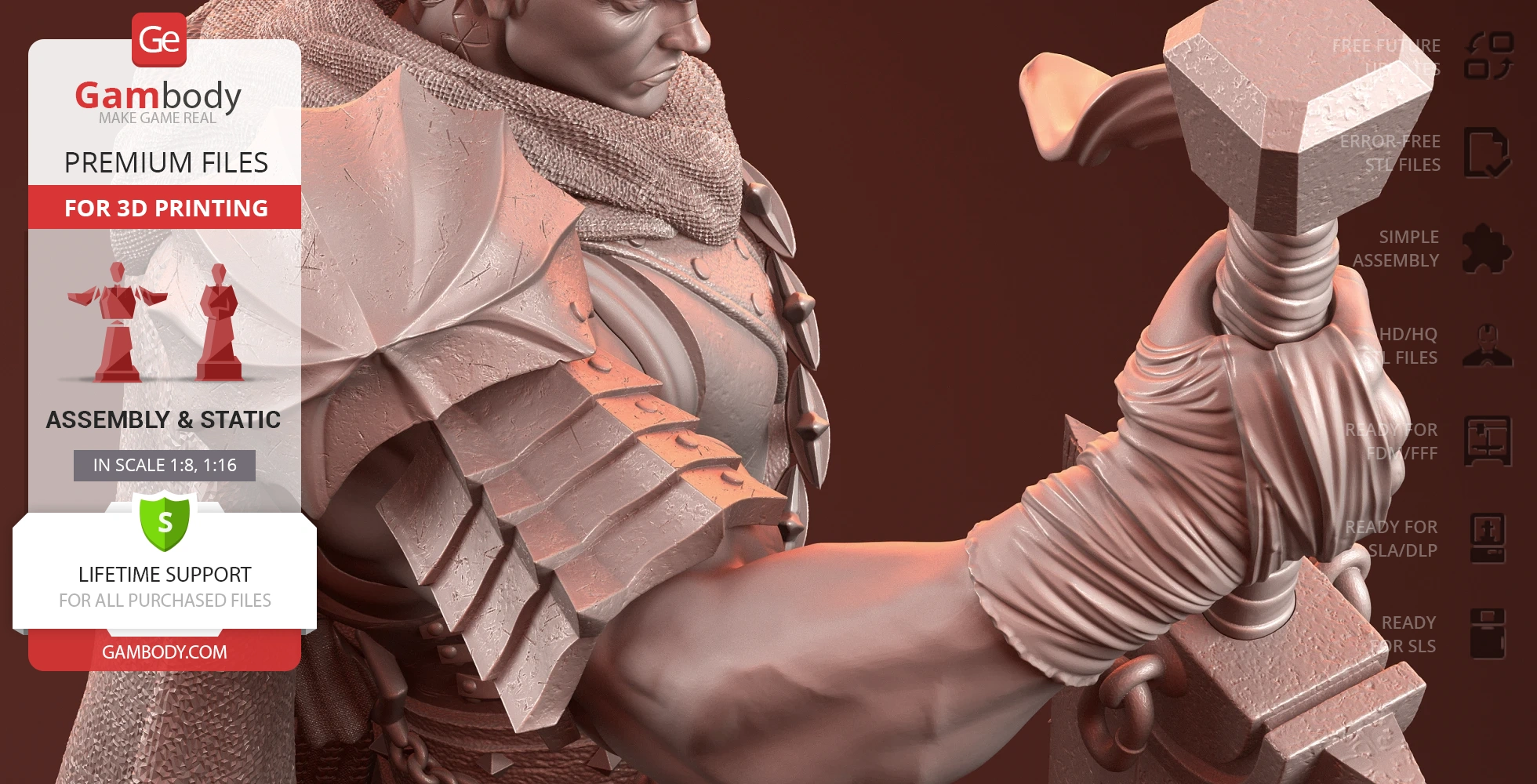 A detailed 3D model of a character with armor and a large sword, designed for 3D printing.