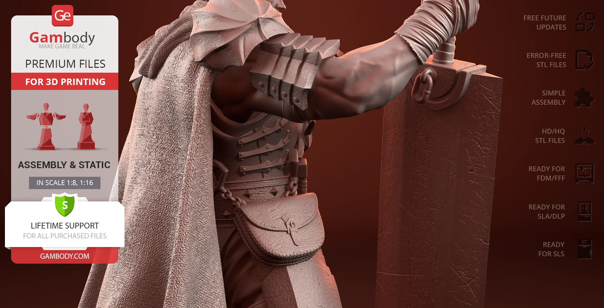 Detailed 3D model of a warrior with armor and a large sword, ready for 3D printing.