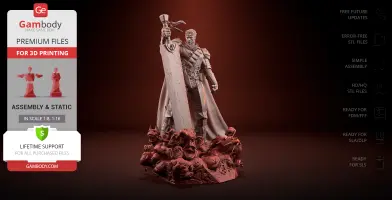 A detailed 3D model of a warrior with a massive sword standing on a base of grotesque creatures.