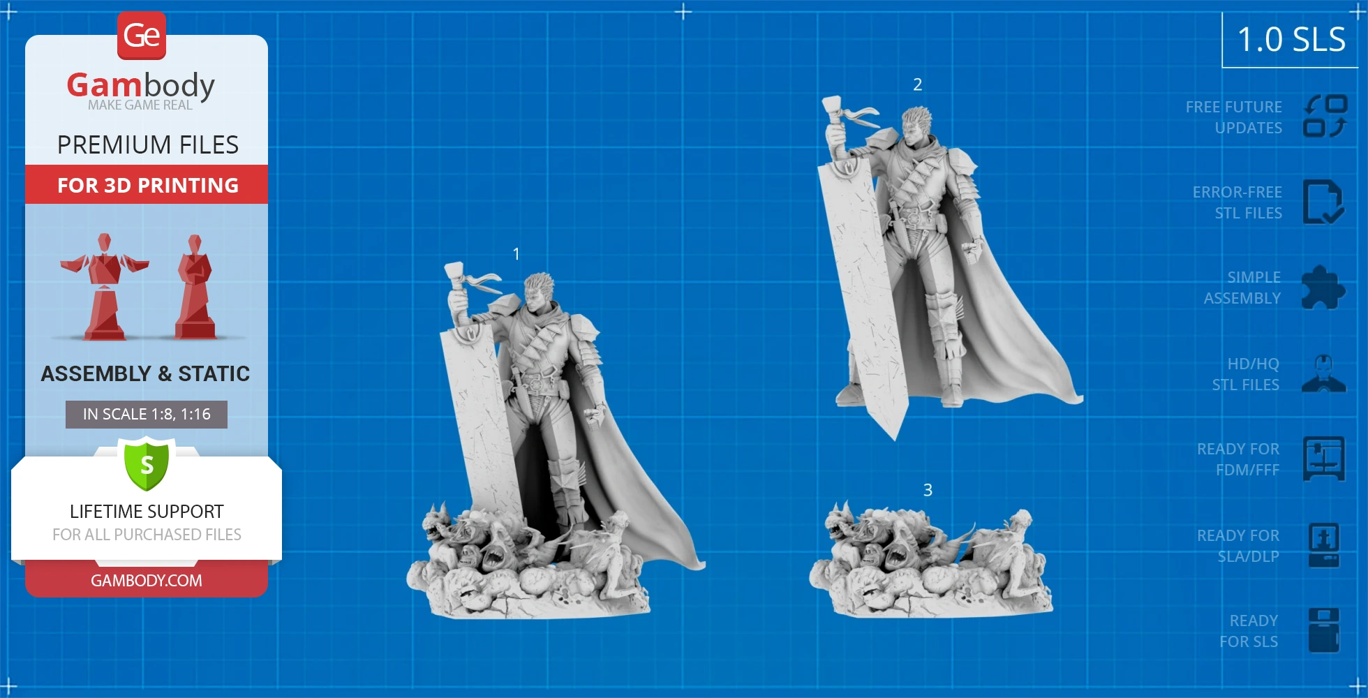 A detailed 3D model of a warrior with a large sword and cape, standing on a base with dynamic figures.