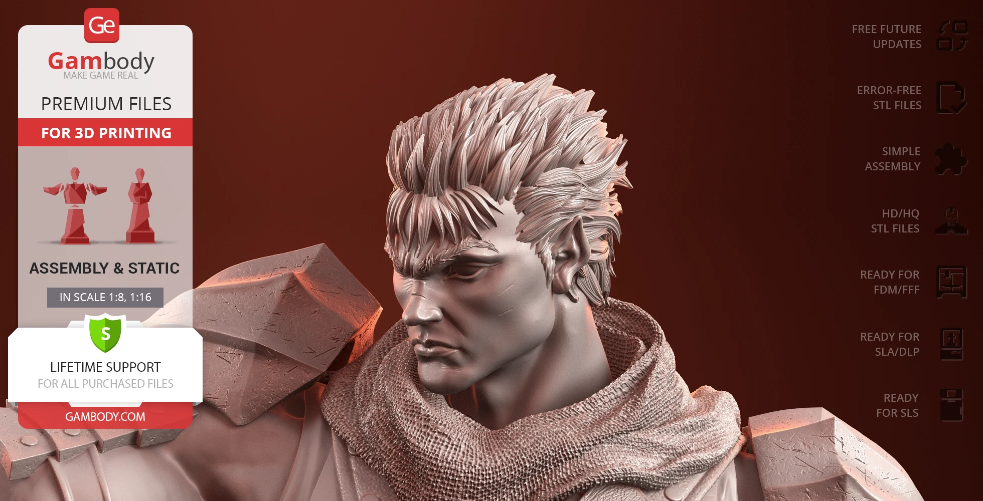 A detailed 3D model of a warrior with spiky hair, wearing armor and a textured cape.